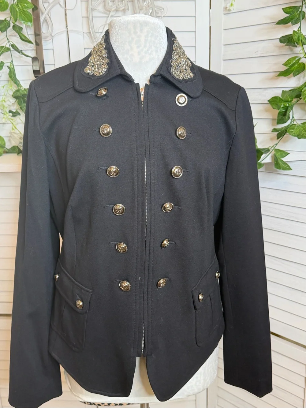 INC Military Band Jacket Black Embellished Beaded Collar Blazer Size XL - Picture 2 of 8